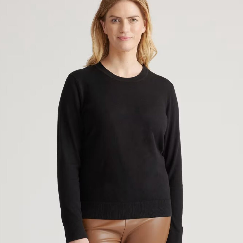 Quince Lightweight Cotton Cashmere Crew Sweater, Black, Size XS